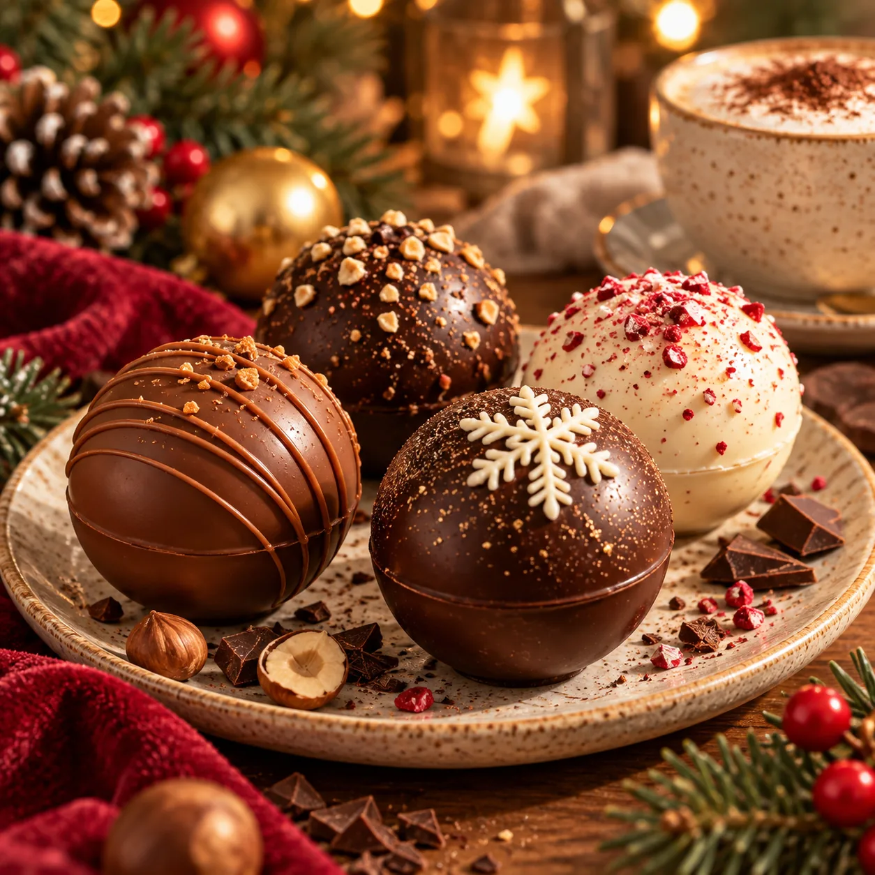 Several cappuccino capsules with chocolate and hazelnut toppings