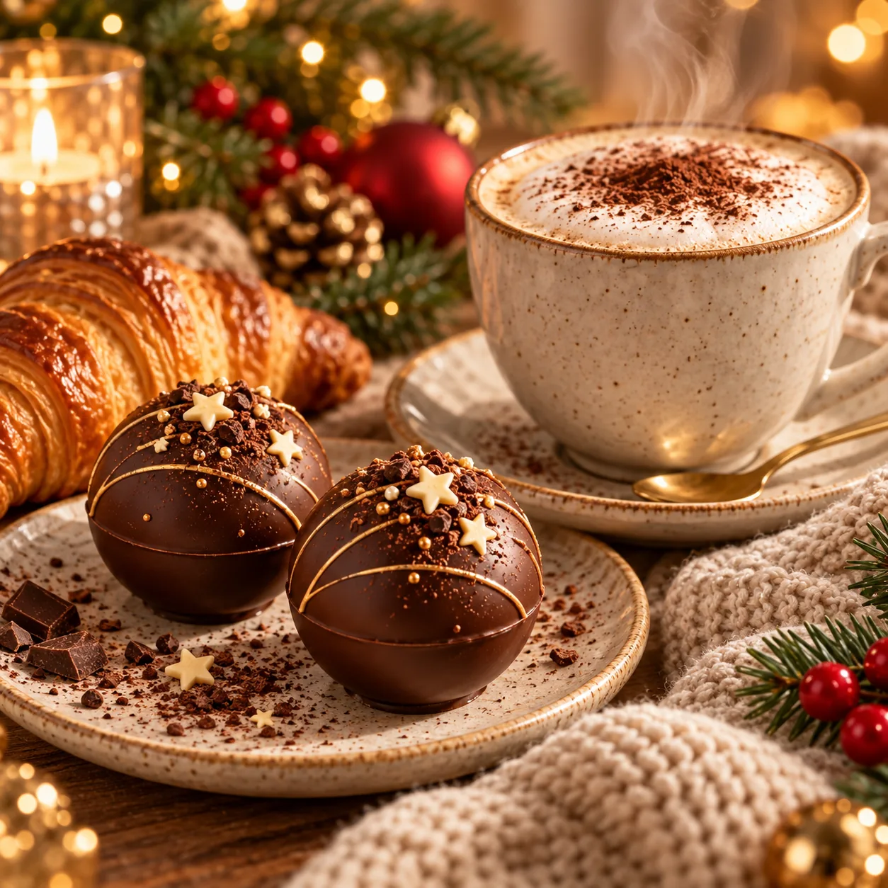Cappuccino capsules decorated with stars beside a steaming cup