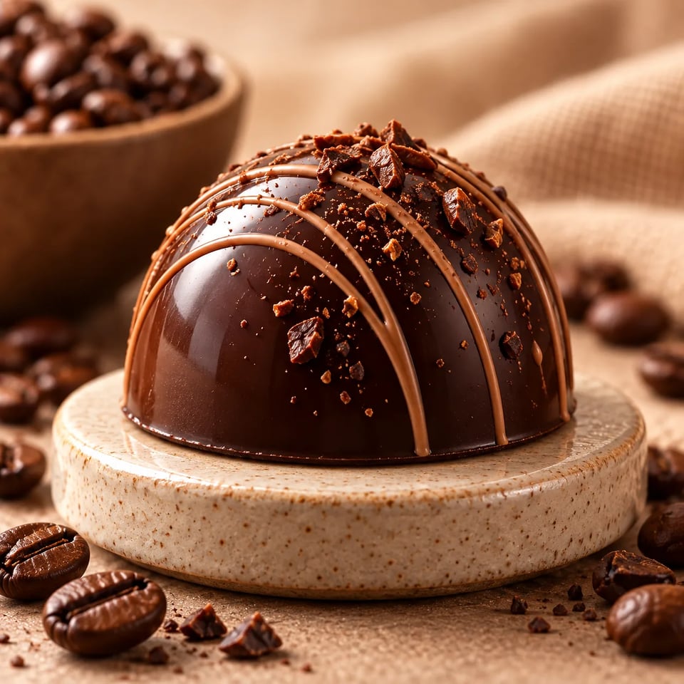 Capsule en chocolat maison décorée de copeaux et d'un filet de chocolat