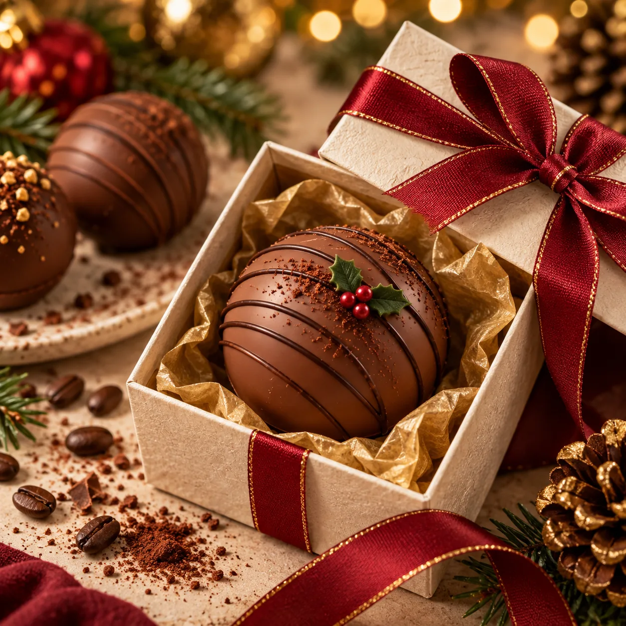 Cappuccino capsule in a gift box with a red ribbon