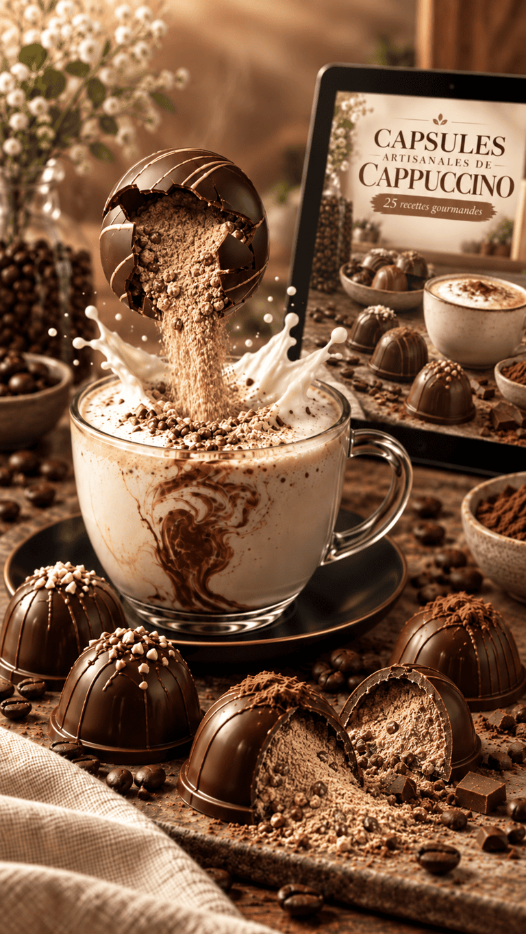 Capsules artisanales de cappuccino avec une coque en chocolat fondant dans du lait chaud