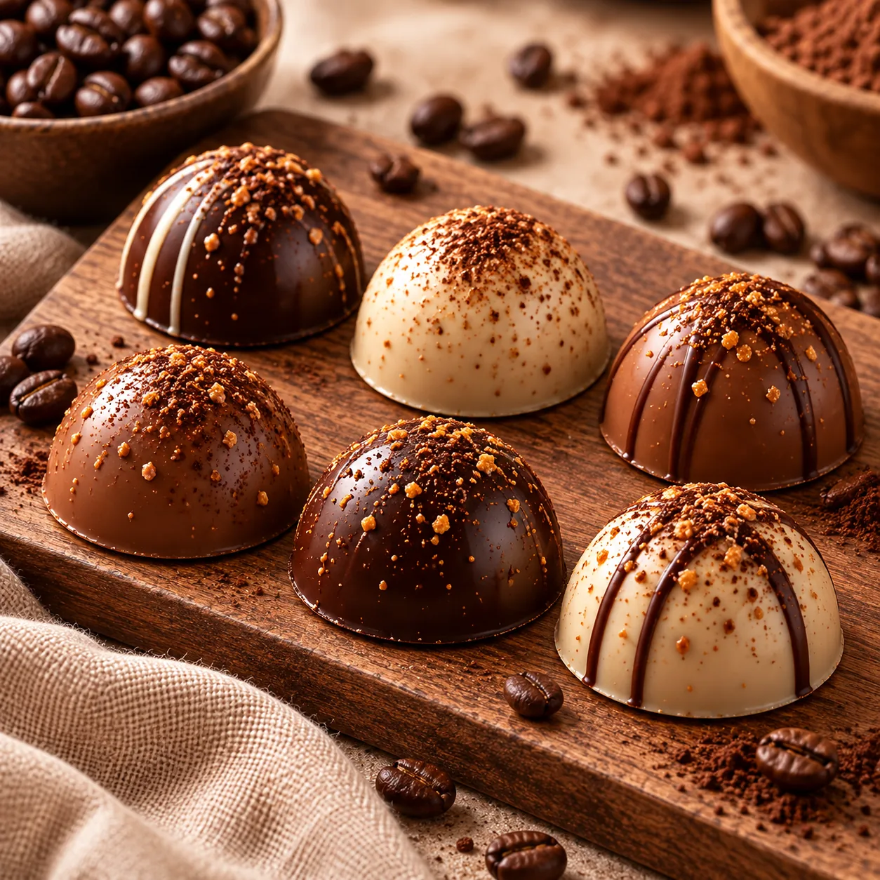 Six homemade cappuccino capsules in assorted chocolates